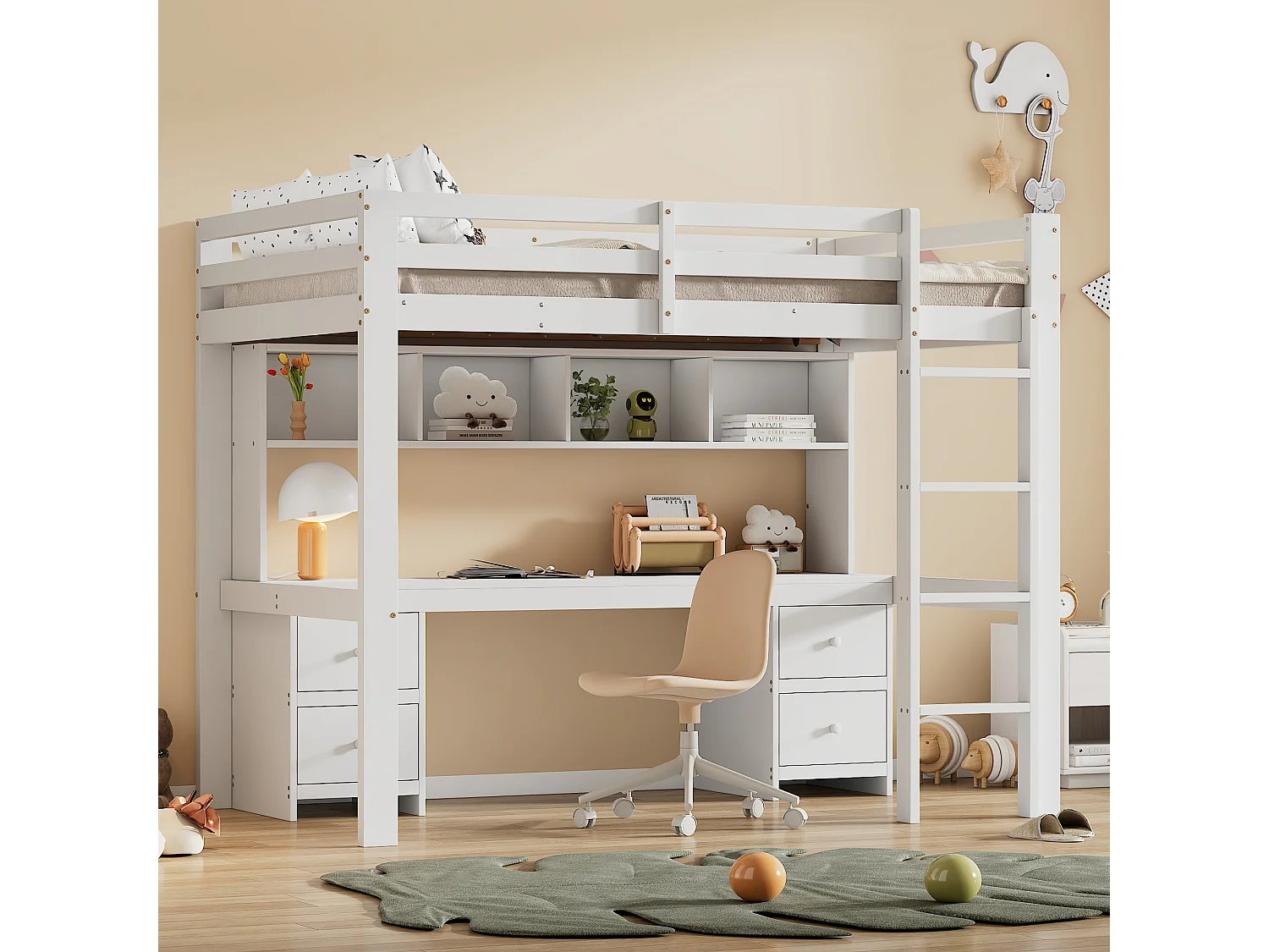 Hoogslaper 90x200 cm - met 4 lades, 4 legplanken - wit
