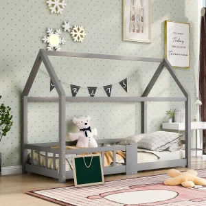 Kajuitbed 90 x 200 cm – Kinderbed met uitvalbeveiliging – grijs hout – matras niet inbegrepen