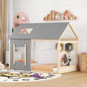 Kajuitbed 90x200cm – Kinderbed met dak en raam – grijs en natuurlijk hout – matras niet inbegrepen Kajuitbed 90x200cm – Kinderbed met dak en raam – grijs en natuurlijk hout – matras niet inbegrepen