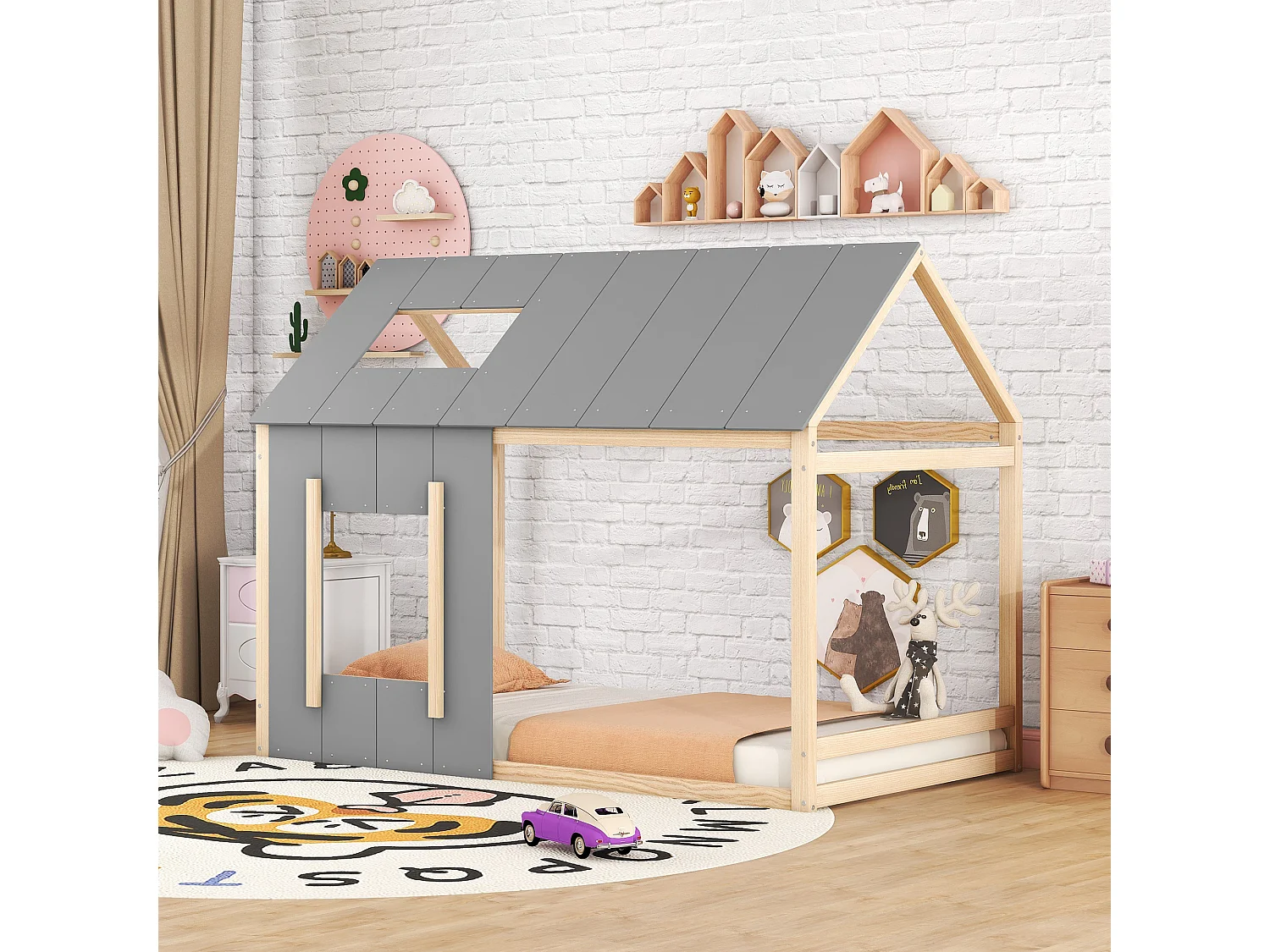 Kajuitbed 90x200cm - Kinderbed met dak en raam - grijs en natuurlijk hout - matras niet inbegrepen