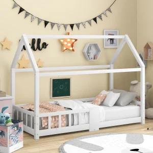Kajuitbed 90 x 200 cm – Kinderbed met uitvalbeveiliging – wit hout – matras niet inbegrepen