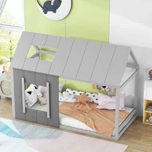 Kajuitbed 90x200cm – Kinderbed met dak en raam – grijs hout – matras niet inbegrepen Kajuitbed 90x200cm – Kinderbed met dak en raam – grijs hout – matras niet inbegrepen