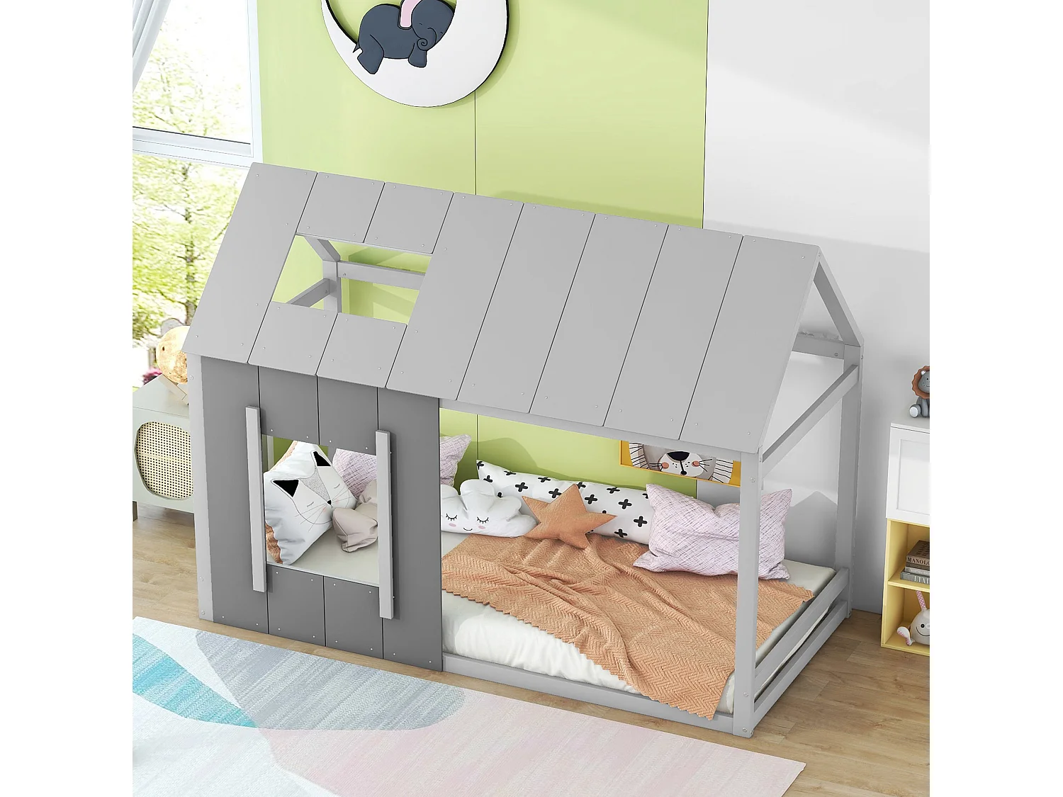 Kajuitbed 90x200cm - Kinderbed met dak en raam - grijs hout - matras niet inbegrepen