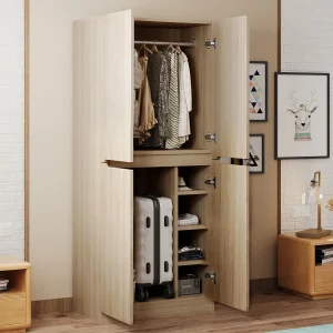 Houten kledingkast – 4-deurs kapstok met hangstang – talrijke opbergvakken Houten kledingkast – 4-deurs kapstok met hangstang – talrijke opbergvakken