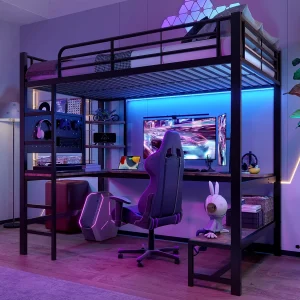 Hoogslaper 90 x 200 cm – Eenpersoonsbed met bureau en ledverlichting – zwart – matras niet inbegrepen Hoogslaper 90 x 200 cm – Eenpersoonsbed met bureau en ledverlichting – zwart – matras niet inbegrepen