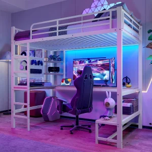 Hoogslaper 140 x 200 cm – Tweepersoonsbed met bureau en ledverlichting – wit – matras niet inbegrepen Hoogslaper 140 x 200 cm – Tweepersoonsbed met bureau en ledverlichting – wit – matras niet inbegrepen