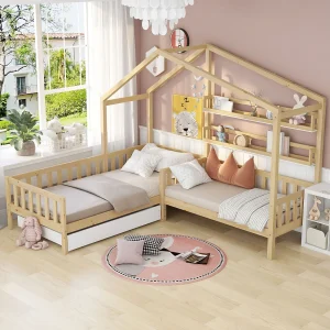 Kajuitbed 90 x 200 cm en 140 x 70 cm – met lades en opbergplanken – natuurlijk hout – matras niet inbegrepen