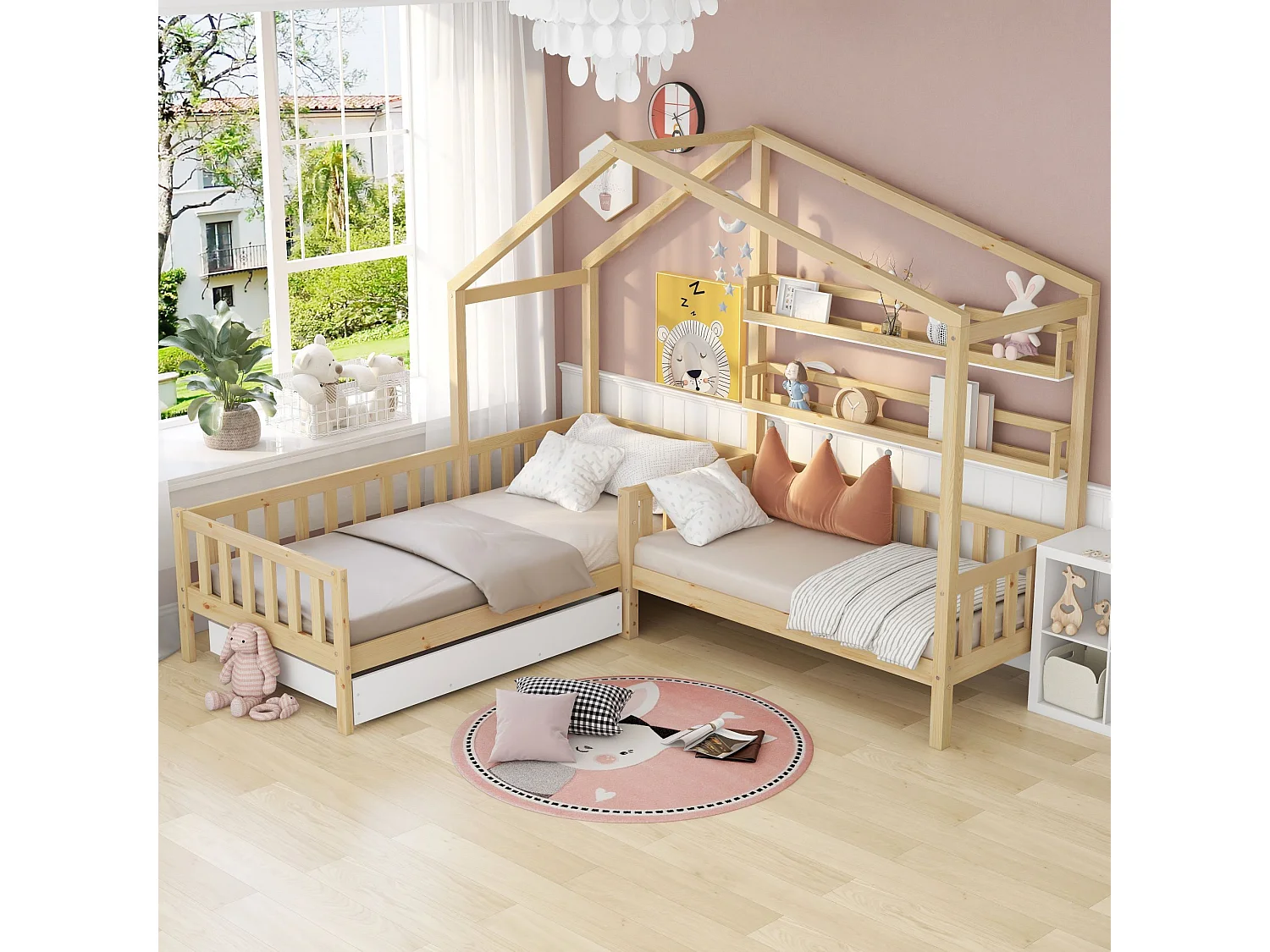Kajuitbed 90 x 200 cm en 140 x 70 cm - met lades en opbergplanken - natuurlijk hout - matras niet inbegrepen