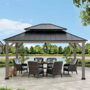 Houten tuinprieel met metalen dak met 2 niveaus en plafondhaak RYSY 390cm x 450cm Houten tuinprieel met metalen dak met 2 niveaus en plafondhaak RYSY 390cm x 450cm