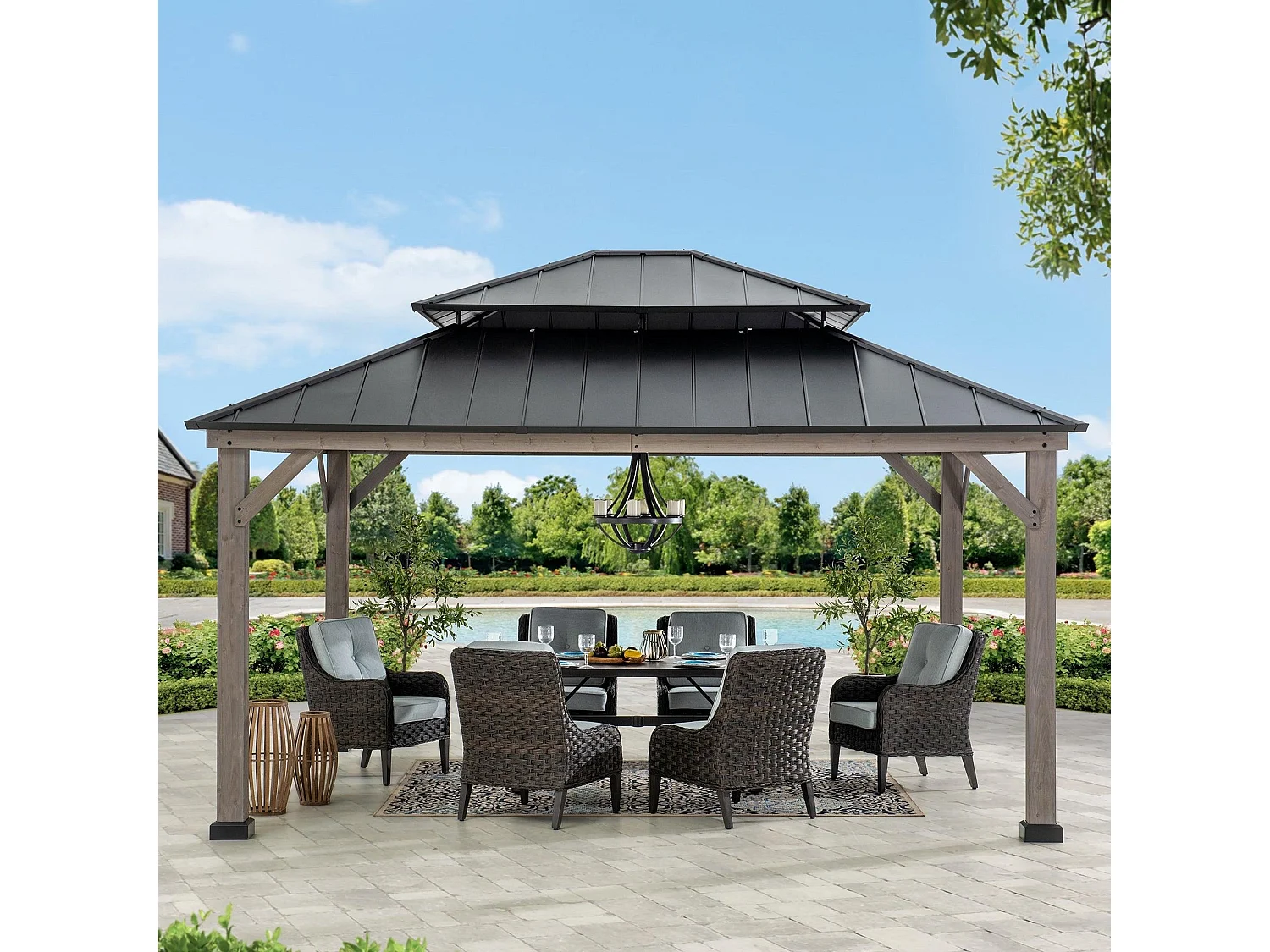 Houten tuinprieel met metalen dak met 2 niveaus en plafondhaak RYSY 390cm x 450cm