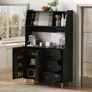 Hoge keukenkast met stopcontacten en ophangbord – 120 x 40 x 184 cm – met deuren + 3 laden + plank – MDF – zwart
