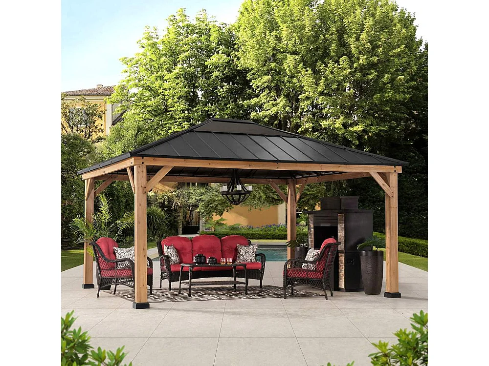 Houten tuinprieel met dakraam en plafondhaak ERNIR 393cm x 452cm