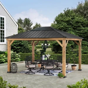 Houten paviljoen met antraciet stalen frame en polycarbonaat dakraam BRURI 335cm x 393cm Houten paviljoen met antraciet stalen frame en polycarbonaat dakraam BRURI 335cm x 393cm