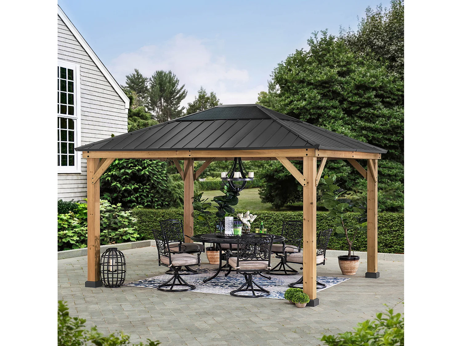 Houten paviljoen met antraciet stalen frame en polycarbonaat dakraam BRURI 335cm x 393cm