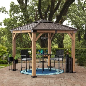 Houten prieel met polycarbonaat dak en bruin staal RAPI 273cm x 273cm Houten prieel met polycarbonaat dak en bruin staal RAPI 273cm x 273cm