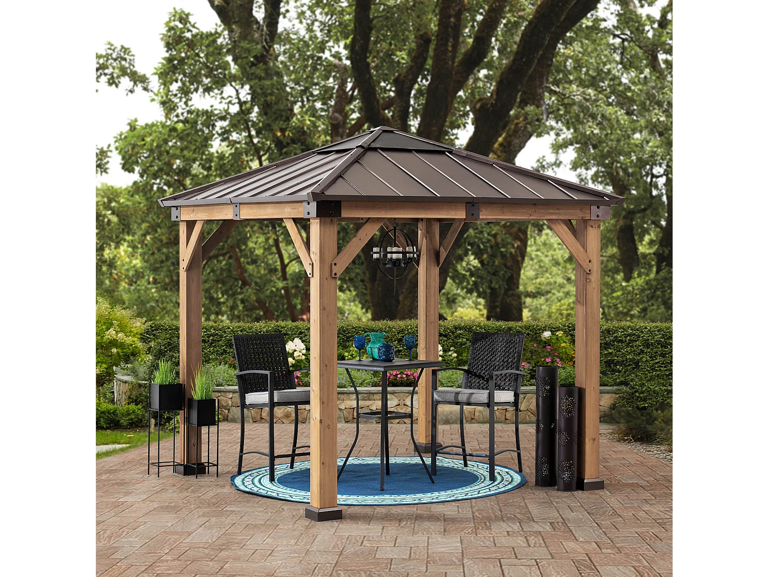 Houten prieel met polycarbonaat dak en bruin staal RAPI 273cm x 273cm