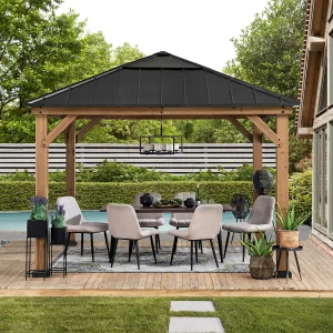 Houten prieel met antraciet stalen frame en polycarbonaat dakraam PIRIN 336cm x 336cm Houten prieel met antraciet stalen frame en polycarbonaat dakraam PIRIN 336cm x 336cm