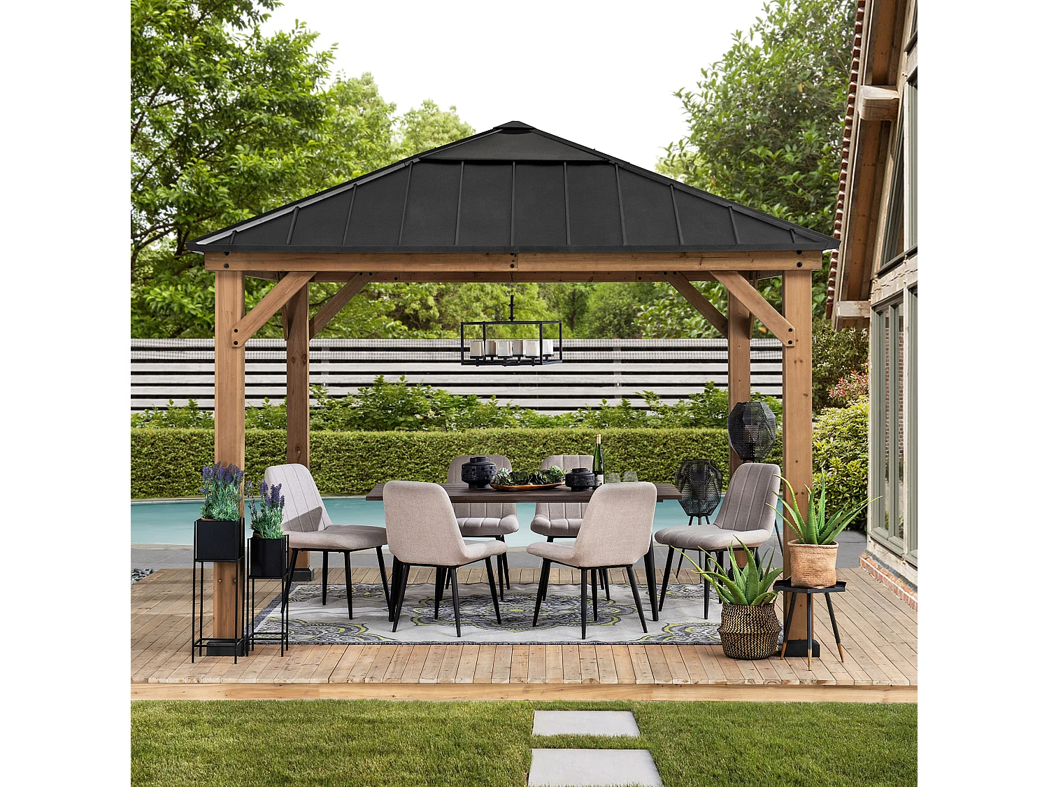Houten prieel met antraciet stalen frame en polycarbonaat dakraam PIRIN 336cm x 336cm