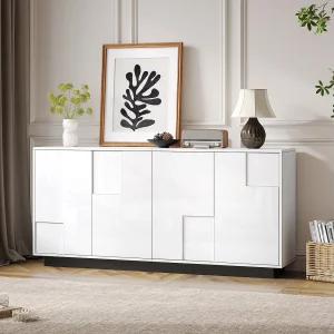 Hoogglans gelakt dressoir – 160 x 37 x 75,5 cm – met 4 deuren – spaanplaat – wit Hoogglans gelakt dressoir – 160 x 37 x 75,5 cm – met 4 deuren – spaanplaat – wit