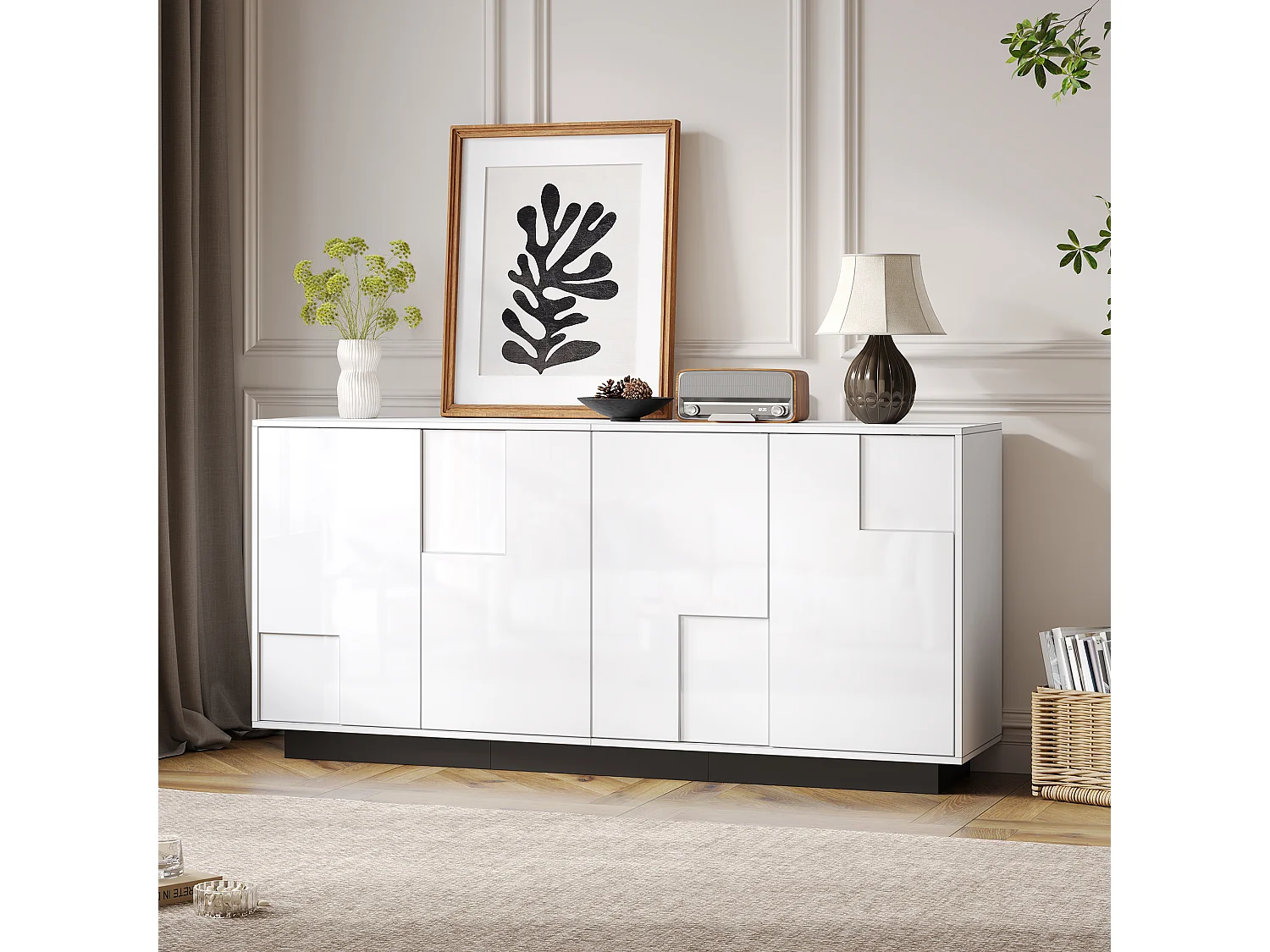 Hoogglans gelakt dressoir - 160 x 37 x 75,5 cm - met 4 deuren - spaanplaat - wit