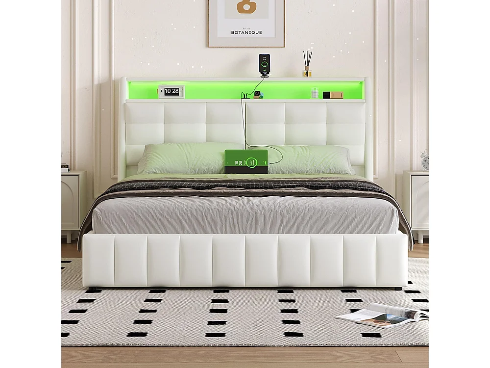 Hydraulisch bed 160 x 200 cm, met ledverlichting en USB-poorten, opbergruimte onder het bed, verstelbare hoofdsteun, wit
