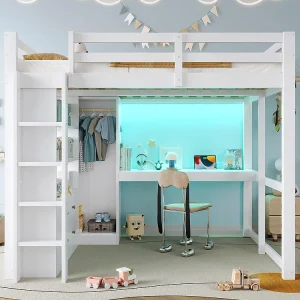 Hoogslaper 140 x 200 cm, met twee lades en een plank, bureau onder het bed, ledlamp en USB-poort, wit Hoogslaper 140 x 200 cm, met twee lades en een plank, bureau onder het bed, ledlamp en USB-poort, wit