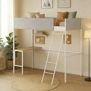 Hoogslaper met lattenbodem en bureau van lichtgrijze stof, wit metaal en melamine met eikimitatie – bedmaat 90 x 190 cm – ROZE Hoogslaper met lattenbodem en bureau van lichtgrijze stof, wit metaal en melamine met eikimitatie – bedmaat 90 x 190 cm – ROZE