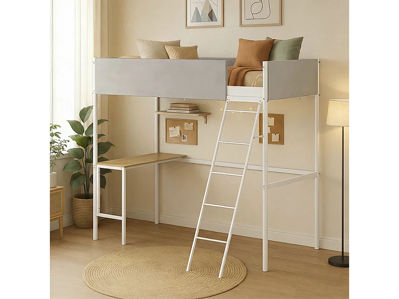 Hoogslaper met lattenbodem en bureau van lichtgrijze stof, wit metaal en melamine met eikimitatie - bedmaat 90 x 190 cm - ROZE
