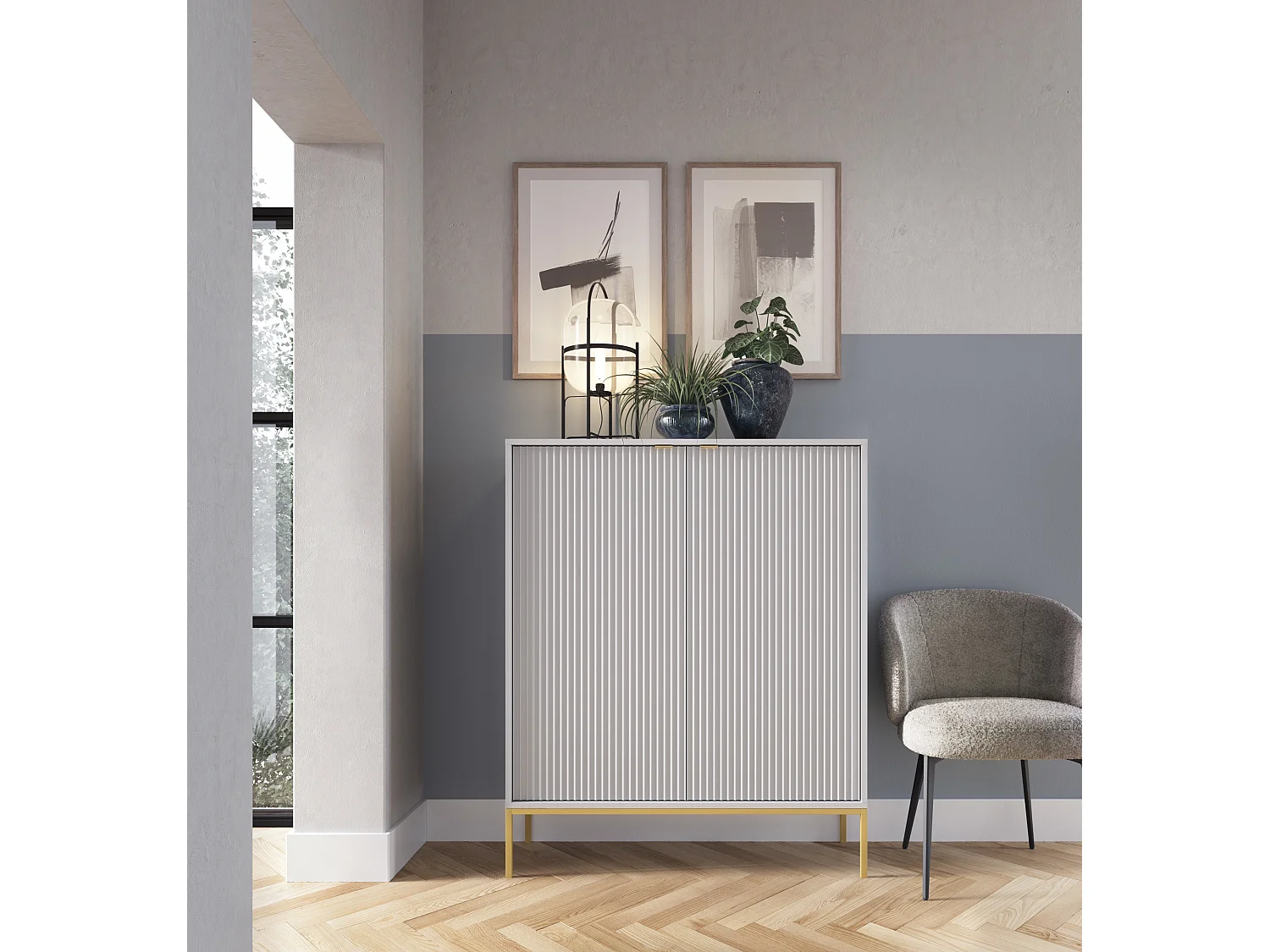 Hoog commode Geriffeld DomoHome NOVA – 2 deuren, Highboard met gouden handgrepen, Grijs, Gouden poten 125x104x39cm - Elegant voor woonkamer