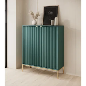 Hoog commode Geriffeld DomoHome NOVA – 2 deuren, Highboard met gouden handgrepen, Labrador, Gouden poten 125x104x39cm – Elegant voor woonkamer
