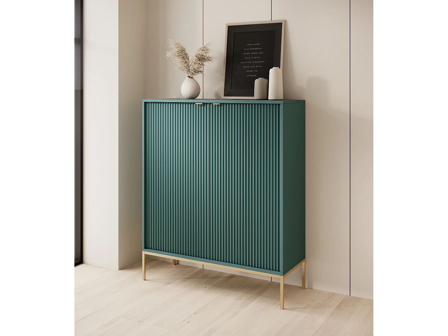 Hoog commode Geriffeld DomoHome NOVA – 2 deuren, Highboard met gouden handgrepen, Labrador, Gouden poten 125x104x39cm - Elegant voor woonkamer