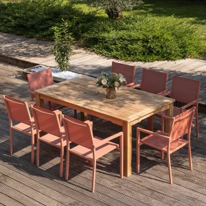 JAVA teakhouten tuinset met terracotta aluminium stoelen – 8 zitplaatsen