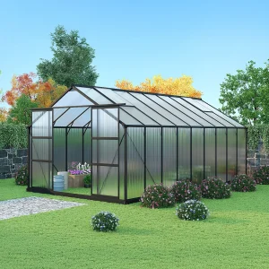 Tuinkas van polycarbonaat van 16,9 m² met onderstel – Antraciet – IXORA Tuinkas van polycarbonaat van 16,9 m² met onderstel – Antraciet – IXORA