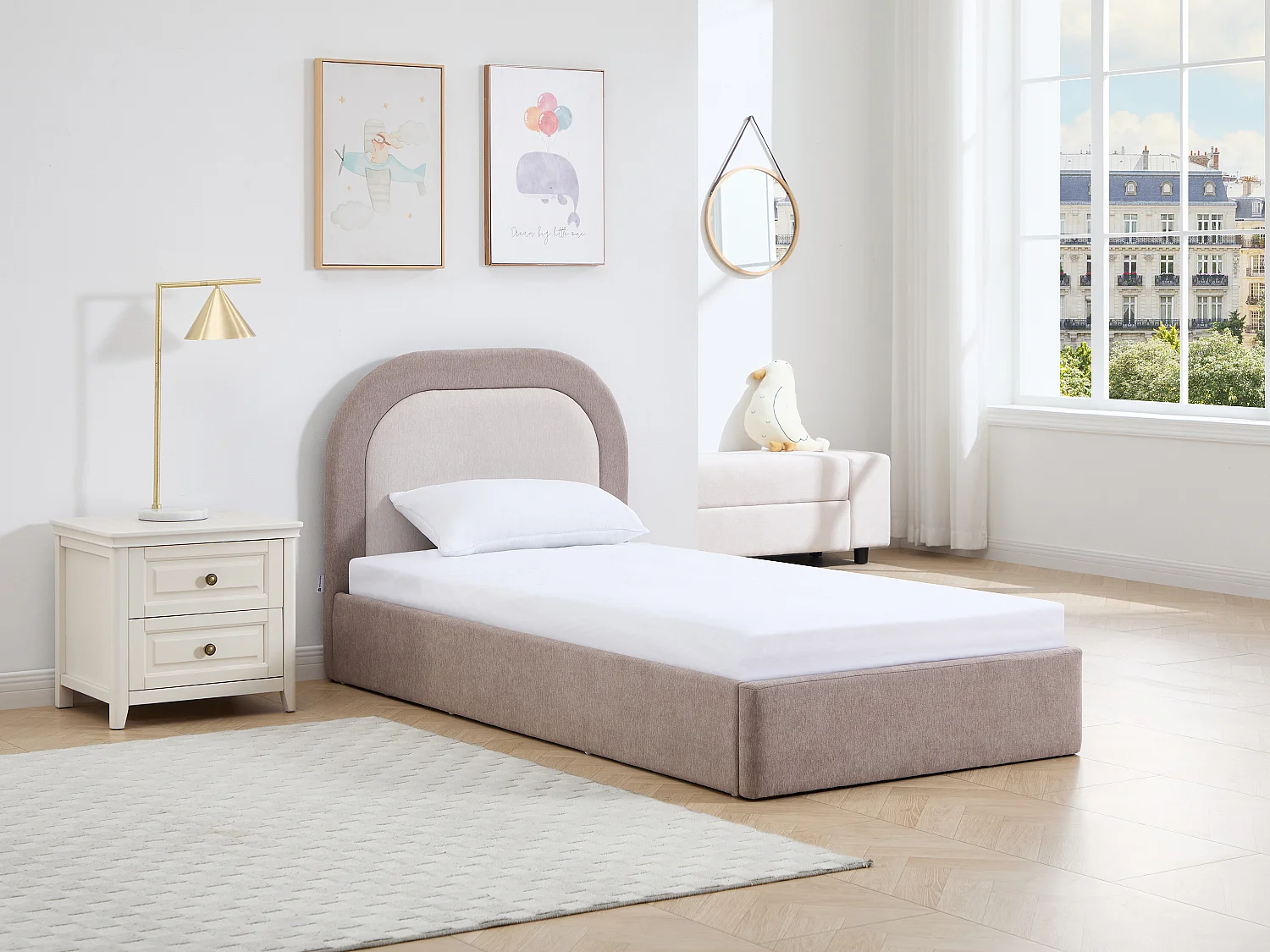 Bedsokkel 90 x 190 cm van taupe en beige stof + matras - IDONO