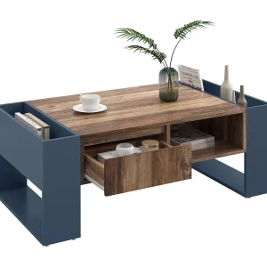 Houten salontafel met 1 lade en 4 opbergvakken – Woonkamertafel – Bijzettafel – naturel + grijs Houten salontafel met 1 lade en 4 opbergvakken – Woonkamertafel – Bijzettafel – naturel + grijs