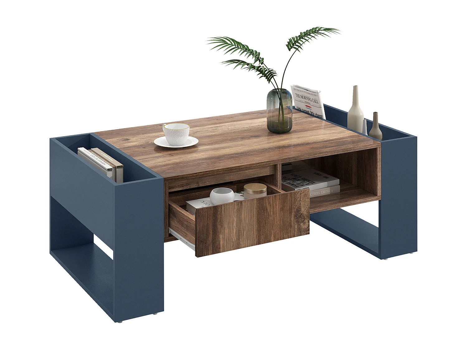 Houten salontafel met 1 lade en 4 opbergvakken - Woonkamertafel - Bijzettafel - naturel + grijs