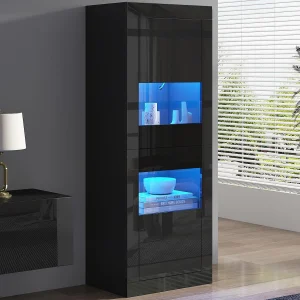 Hoogglans geverfde vitrine 61x42x162 cm – met LED-verlichting – 2 deuren – Verstelbare glazen planken – Zwart Hoogglans geverfde vitrine 61x42x162 cm – met LED-verlichting – 2 deuren – Verstelbare glazen planken – Zwart