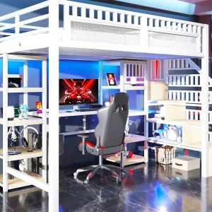 Hoogslaper 140×200 cm – Geïntegreerde opbergtrap – Ingebouwd bureau – LED-lichtstrip + USB-poort – wit (matras niet inbegrepen) Hoogslaper 140×200 cm – Geïntegreerde opbergtrap – Ingebouwd bureau – LED-lichtstrip + USB-poort – wit (matras niet inbegrepen)