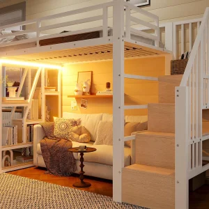 Hoogslaper van ijzer 90×200 cm – Opbergvakken – Veiligheidshekjes + ladder – LED-verlichting – Wit (matras niet inbegrepen) Hoogslaper van ijzer 90×200 cm – Opbergvakken – Veiligheidshekjes + ladder – LED-verlichting – Wit (matras niet inbegrepen)