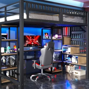 Hoogslaper 140×200 cm – Geïntegreerde opbergtrap – Ingebouwd bureau – LED-lichtstrip + USB-poort – Zwart (matras niet inbegrepen) Hoogslaper 140×200 cm – Geïntegreerde opbergtrap – Ingebouwd bureau – LED-lichtstrip + USB-poort – Zwart (matras niet inbegrepen)