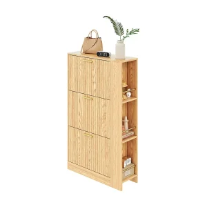 Houten schoenenkast – 70 x 23,5 x 11,5 cm – 3-deurs design + open planken – MDF – naturel Houten schoenenkast – 70 x 23,5 x 11,5 cm – 3-deurs design + open planken – MDF – naturel