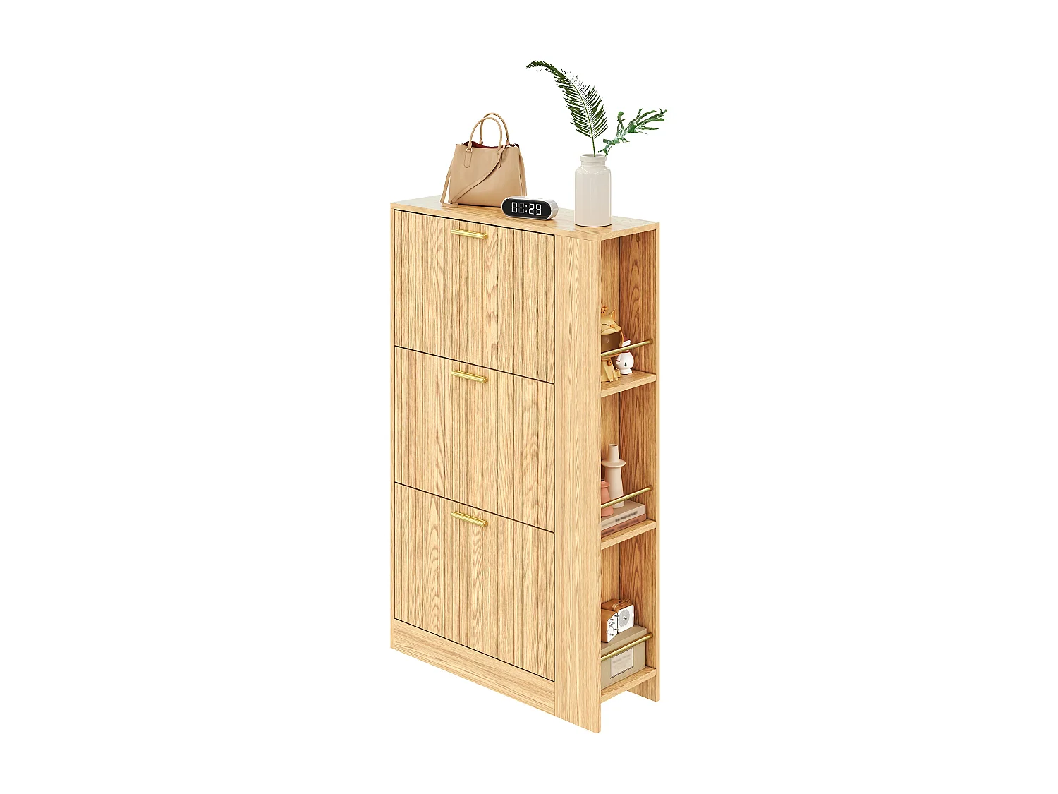Houten schoenenkast - 70 x 23,5 x 11,5 cm - 3-deurs design + open planken - MDF - naturel