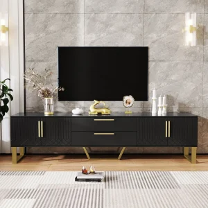Hoogglans tv-meubel met 4 deuren en 2 lades – 170 x 39 x 53,5 cm – gouden handgrepen en poten – MDF – zwart Hoogglans tv-meubel met 4 deuren en 2 lades – 170 x 39 x 53,5 cm – gouden handgrepen en poten – MDF – zwart