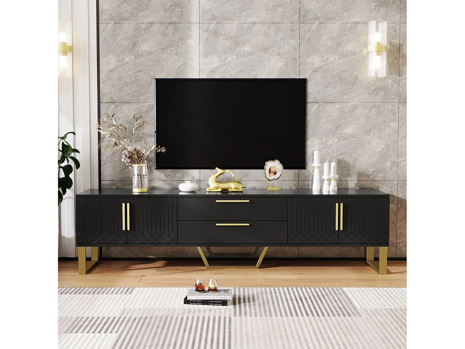 Hoogglans tv-meubel met 4 deuren en 2 lades - 170 x 39 x 53,5 cm - gouden handgrepen en poten - MDF - zwart