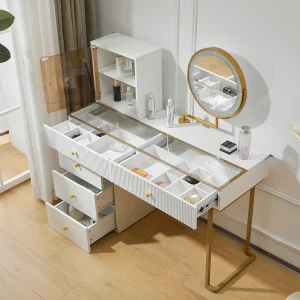 Kaptafel met LED-spiegel, 5 laden en deur – Wit (zonder kruk) Kaptafel met LED-spiegel, 5 laden en deur – Wit (zonder kruk)