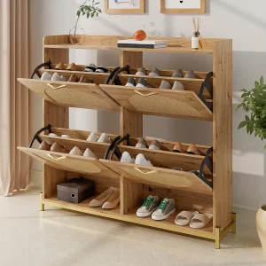 Houten schoenenkast met 4 rotan deuren – Metalen onderstel – Houtkleur Houten schoenenkast met 4 rotan deuren – Metalen onderstel – Houtkleur