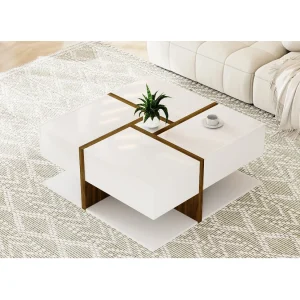 Hoogglans gelakte salontafel met 4 lades – Wit en hout 78 x 78 x 36 cm Hoogglans gelakte salontafel met 4 lades – Wit en hout 78 x 78 x 36 cm