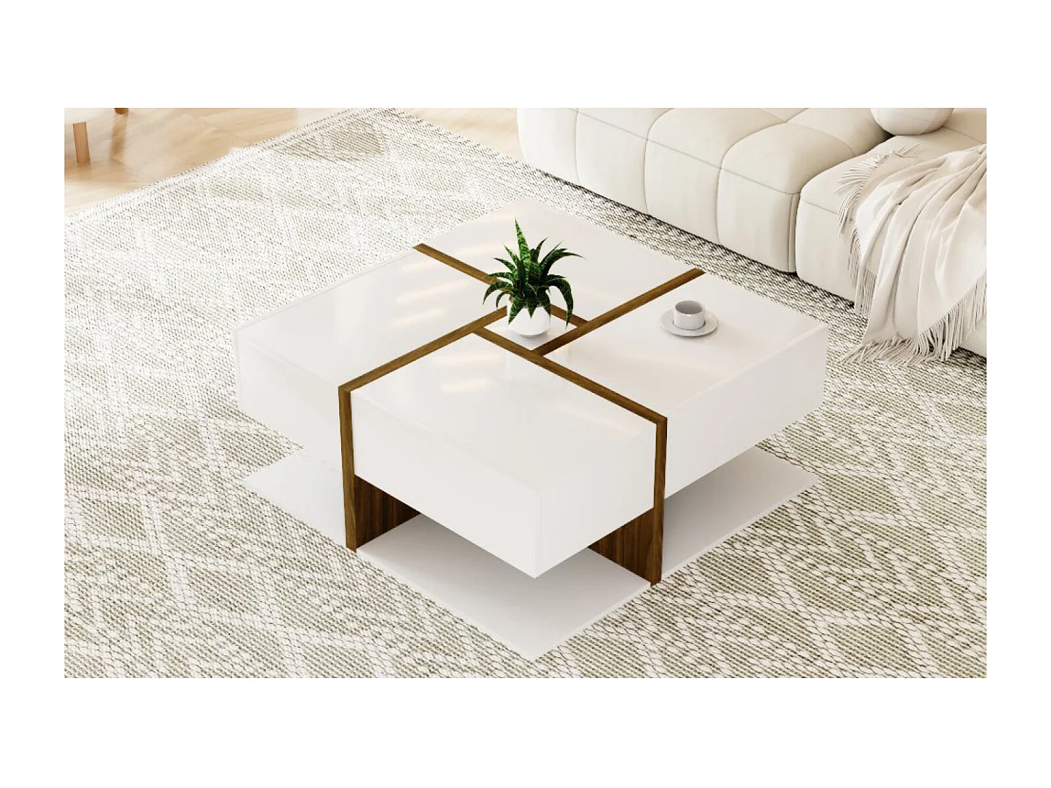 Hoogglans gelakte salontafel met 4 lades - Wit en hout 78 x 78 x 36 cm