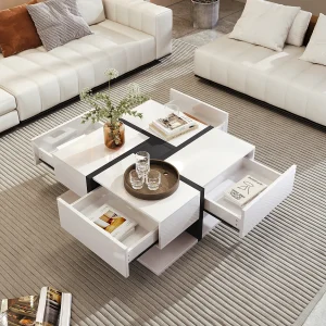 Hoogglans gelakte salontafel met 4 lades – Lineair design – Wit 78 x 78 x 36 cm Hoogglans gelakte salontafel met 4 lades – Lineair design – Wit 78 x 78 x 36 cm