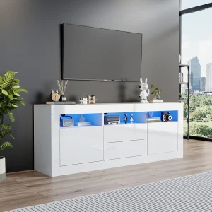 Hoogglans tv-meubel met ledverlichting, 2 deuren en 2 lades – Wit PB-hout Hoogglans tv-meubel met ledverlichting, 2 deuren en 2 lades – Wit PB-hout